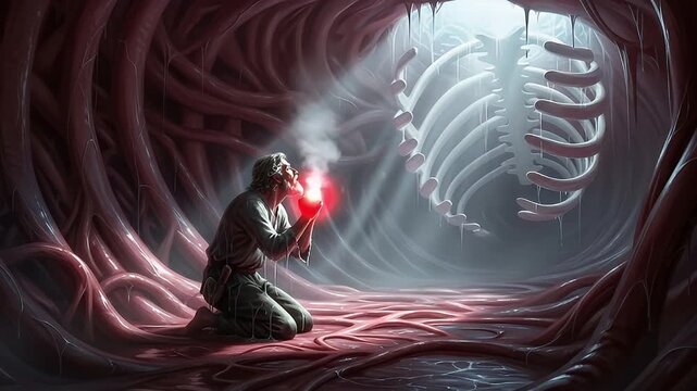 Jonah in whale belly holding glowing red orb. 4K Video