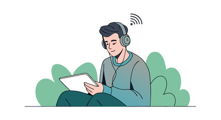 Man enjoying music and tablet outdoors surrounded by nature lush greenery and digital sound waves