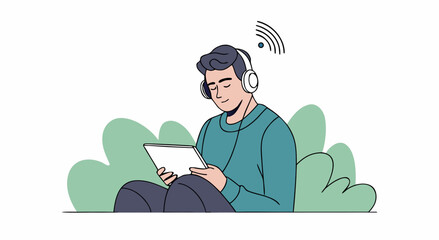 Man enjoying music and tablet outdoors surrounded by nature lush greenery and digital sound waves