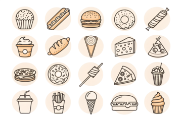Comprehensive Set of Fast Food and Snack Outline Icons