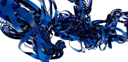 Dynamic 3D render of swirling blue metallic ribbons. Perfect for technology, design, or abstract backgrounds.