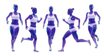 Cybernetic female figures running isolated on white displaying motion for fitness applications