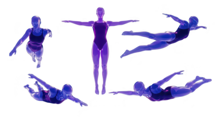Swimmer poses diving mid-air white background different action sequences for sports health and fitness use