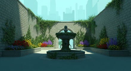 Serene courtyard fountain with lush greenery and colorful flowers