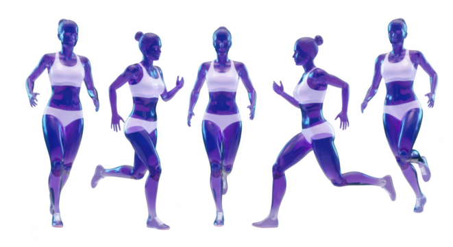 Cybernetic female figures running isolated on white displaying motion for fitness applications