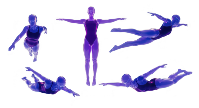 Swimmer poses diving mid-air white background different action sequences for sports health and fitness use - Powered by Adobe
