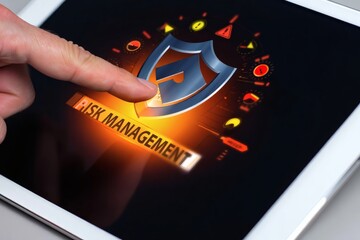 Business professional using a tablet for risk management and cybersecurity. A finger touches a glowing shield icon on the screen.