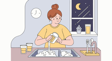 Young woman washing dishes at kitchen sink under moonlight sky