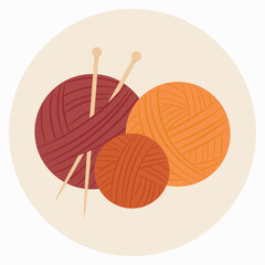 Knitting yarn balls with wooden needles in autumn colours on a light background. Flat vector illustration.	