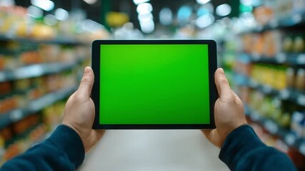 Tablet Green Screen in Grocery Store: Close-up shot of a person holding a tablet displaying a bright green screen within a vibrant grocery store. - Powered by Adobe