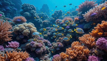 Obraz premium Vibrant coral reef teeming with colorful fish.