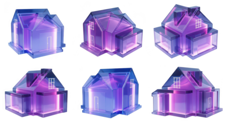 Various views of illuminated translucent house models on white suggesting concepts like real estate design architecture future home ownership or innovative construction