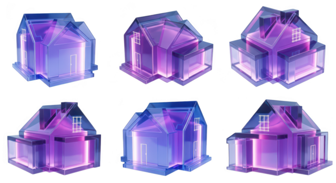 Various views of illuminated translucent house models on white suggesting concepts like real estate design architecture future home ownership or innovative construction