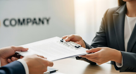 A businesswoman in a suit hands a clipboard with a document to a man in a corporate office.