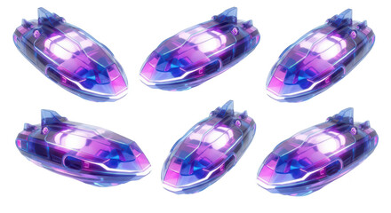 Six futuristic glowing purple and blue vehicles floating in a bright white studio environment; suitable for sci-fi concept art or technology design