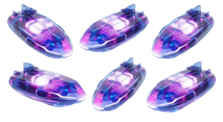 Six futuristic glowing purple and blue vehicles floating in a bright white studio environment; suitable for sci-fi concept art or technology design