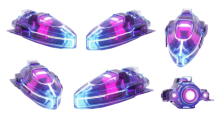 Neon spaceship in various angles isolated on white background ideal for futuristic game assets and design