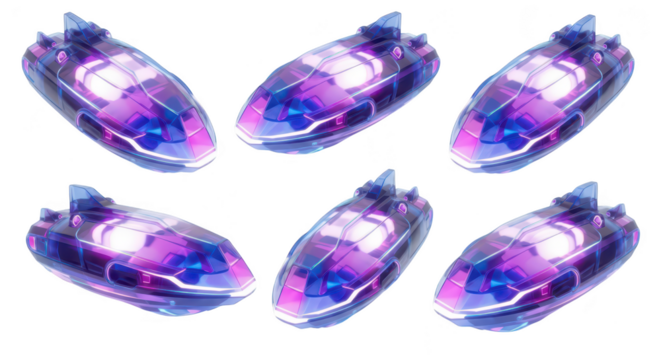 Six futuristic glowing purple and blue vehicles floating in a bright white studio environment; suitable for sci-fi concept art or technology design