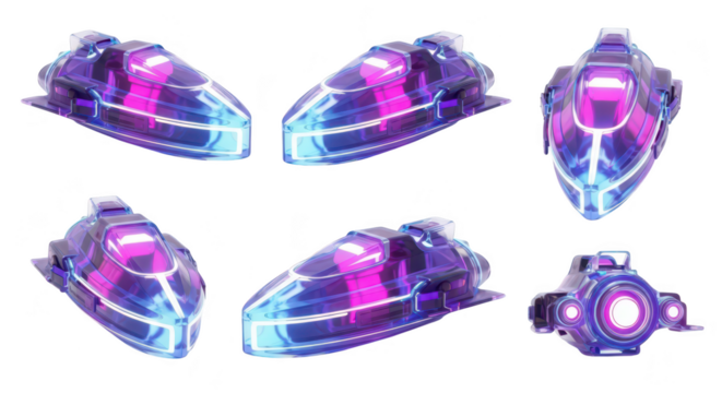 Neon spaceship in various angles isolated on white background ideal for futuristic game assets and design