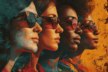 Diverse group of women with sunglasses, showcasing unity and strength, against a vibrant abstract background, representing empowerment and women's rights in a modern context