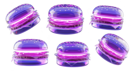 Futuristic neon burgers floating against a white backdrop showcasing a vibrant stylized food illustration for design or advertising