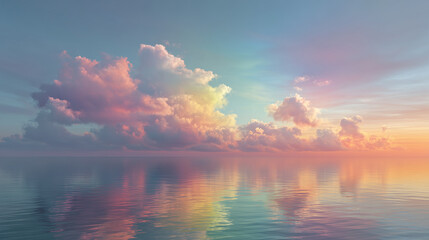 Rainbow-colored clouds over calm ocean, smooth gradients, glowing horizon, tranquil mood