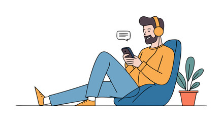 Modern man relaxing on beanbag chair listening to music and using mobile phone illustration