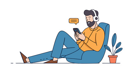 Modern man relaxing on beanbag chair listening to music and using mobile phone illustration