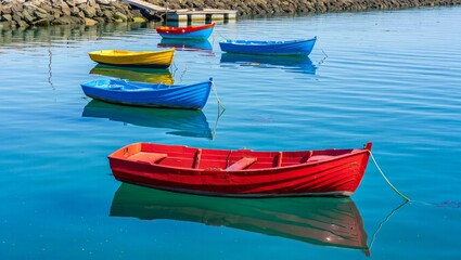 Obraz premium Colorful rowboats floating on calm blue water in a harbor