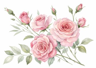 Soft pink watercolor roses on a white background, elegant floral bouquet, high resolution, delicate brush strokes, subtle shadows
