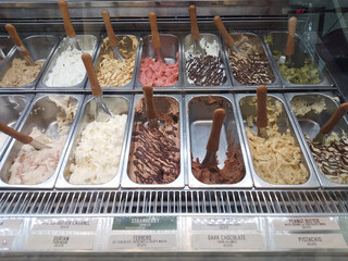 Gelato Variety Display: Tempting Flavors in a Showcase of Artisanal Ice Cream Featuring a Spectrum...
