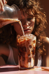 Young woman with curly hair pouring milk into a glass filled with iced coffee, creating a beautiful swirl effect, showcasing the refreshing beverage preparation process in warm lighting
