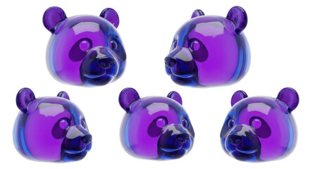 Group of 3D rendering of purple panda bear heads rotating on white background showcasing a colorful modern design for children's product use