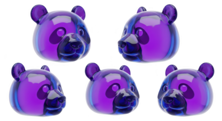 Group of 3D rendering of purple panda bear heads rotating on white background showcasing a colorful modern design for children's product use