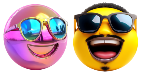 Set of colorful 3d emoji faces with sunglasses laughing and smiling in summer style isolated on white background
