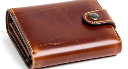 Closeup of a Brown Leather Wallet with Button Clasp on White Background Stylish and Compact