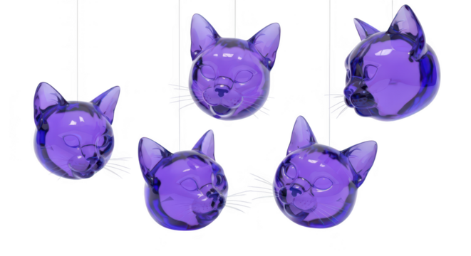 Transparent purple cat head ornaments suspended against a white backdrop for abstract decor or digital design use