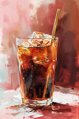 Refreshing beverage in a tall glass filled with ice cubes and a straw, showcasing vibrant colors and textures, perfect for summer enjoyment and relaxation in a casual setting