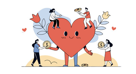 Fototapeta premium People help donate money and support a big heart illustration for charity and compassion