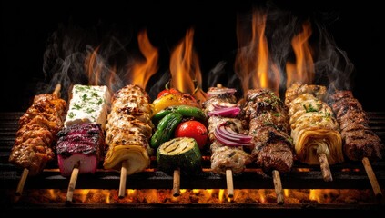 Varied grilled skewers of meats, vegetables, and cheese, sizzling over vibrant flames on a charcoal grill, emitting smoky aromas