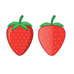 Two red strawberries with green leaves and yellow seeds strawberry fruit