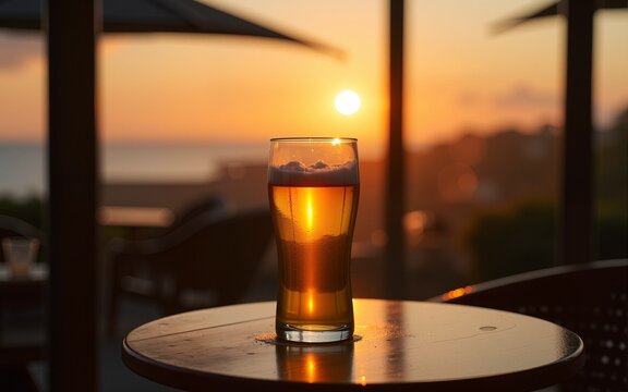 A Glass of Cold Beer in a Cafe at Sunset. High quality
