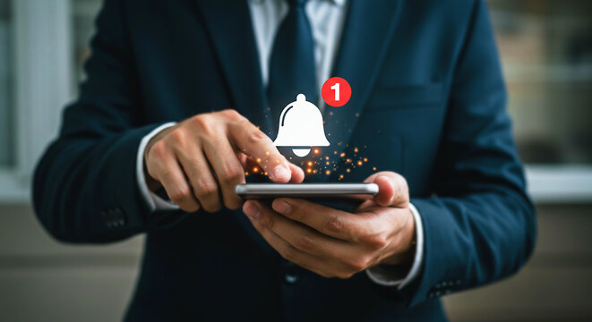 Digital Notification: A person in a suit, meticulously interacts with their mobile phone, highlighting a digital notification with a symbol of a bell and a numerical indicator