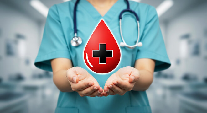 Nurse offering blood donation: A dedicated nurse, wearing scrubs, tenderly cradles a symbolic blood drop with a cross, highlighting the altruistic act of donation, vital for saving lives.