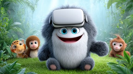 Charming furry character adventure with virtual reality in lush jungle setting, featuring adorable animals for storytelling and entertainment design