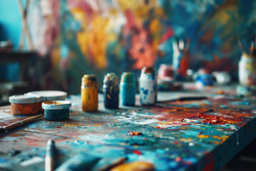 Colorful artist workspace featuring paint jars, brushes, and a vibrant splattered table, showcasing the creative process and artistic expression in a dynamic environment filled with inspiration