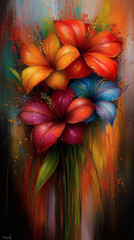Vibrant Floral Bouquet with Abstract Paint Splashes on Dark Background – Digital Painting