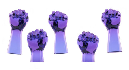 Metallic fists raised in solidarity against a white backdrop representing unity protest and empowerment for social justice campaigns