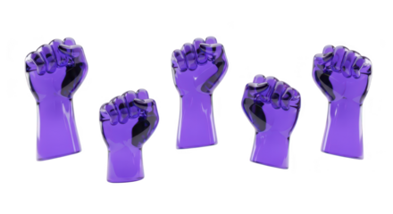 Purple glass fists rising a studio shot with a white background symbolizing strength & unity used for social justice concepts