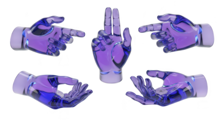 Transparent purple robotic hands gesturing various poses isolated on white suitable for tech concepts or futuristic designs